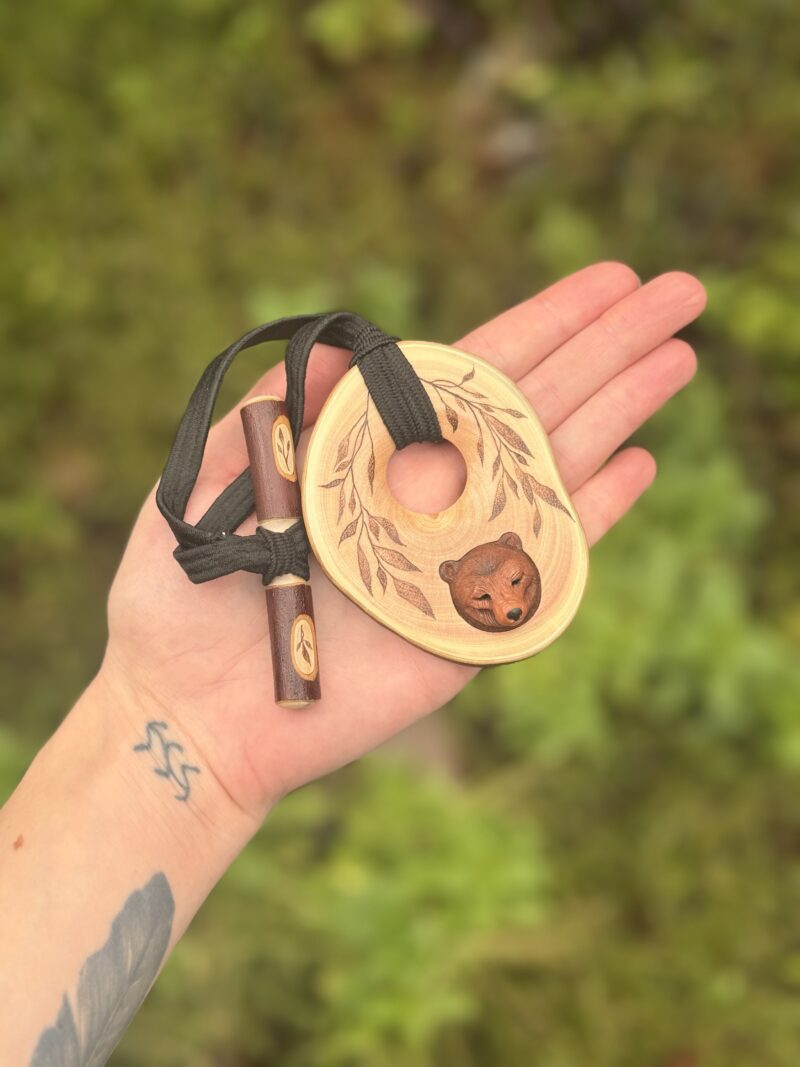 Madrone wooden toggle with polymer bear design - finished with lacquer